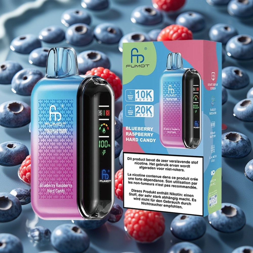 Fumot Tornado 20000 Puffs Disposable Vape with Dual Mesh Coil & Smart Display - Blueberry Raspberry Hard Candy
