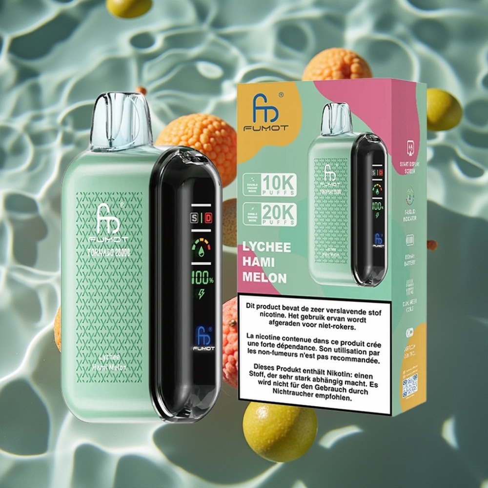 Fumot Tornado 20000 Puffs Disposable Vape with Dual Mesh Coil & Smart Display - Lychee Hami Melon