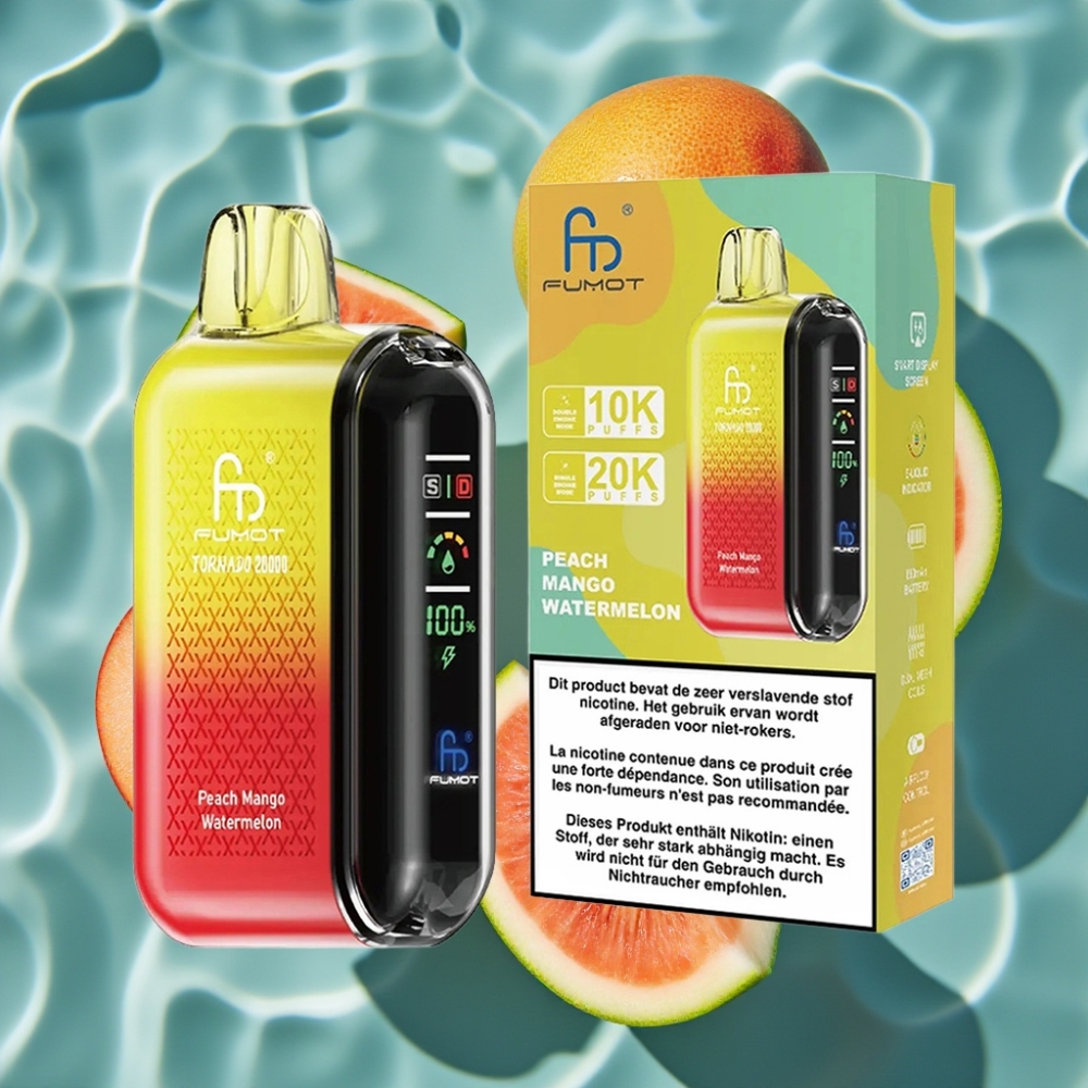 Fumot Tornado 20000 Puffs Peach Mango Watermelon Disposable Vape with Dual Mesh Coil & Smart Display