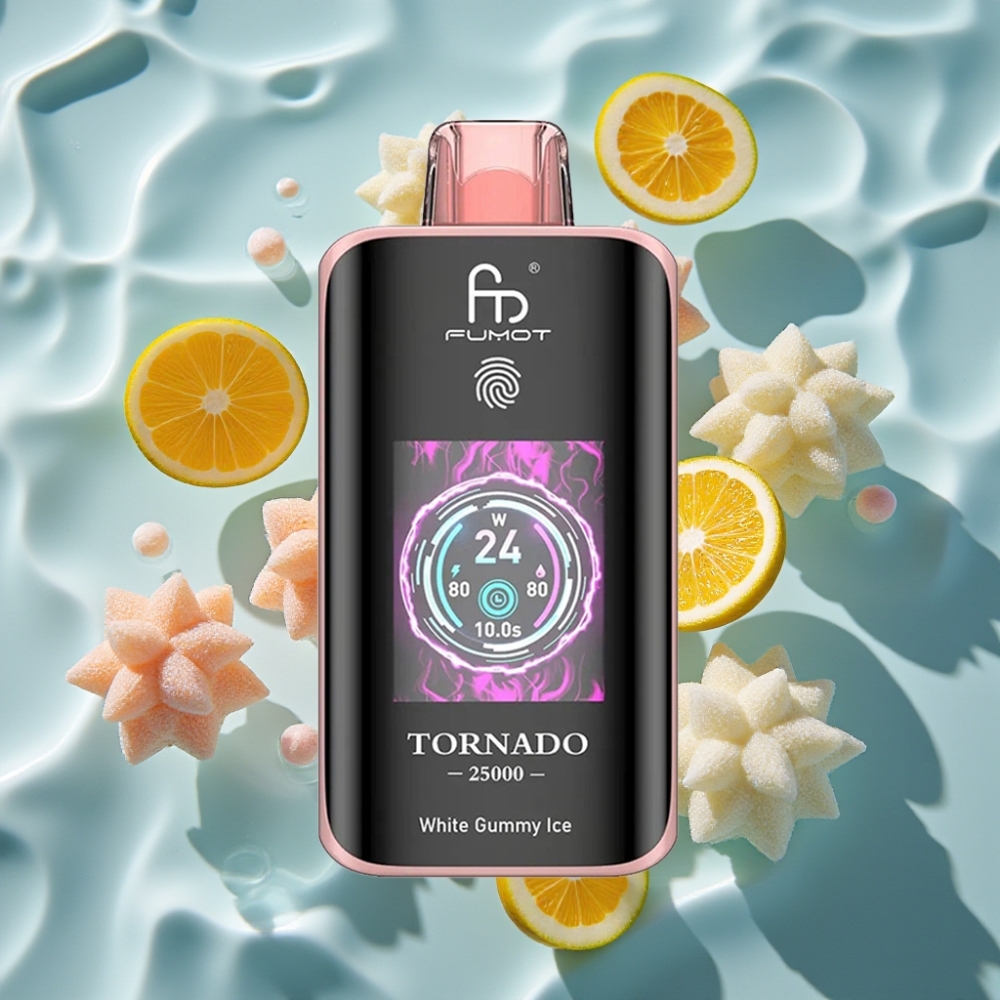 Fumot Tornado 25000 Puffs Rechargeable Disposable Vape with HD Screen & Type-C Charging - White Gummy Ice
