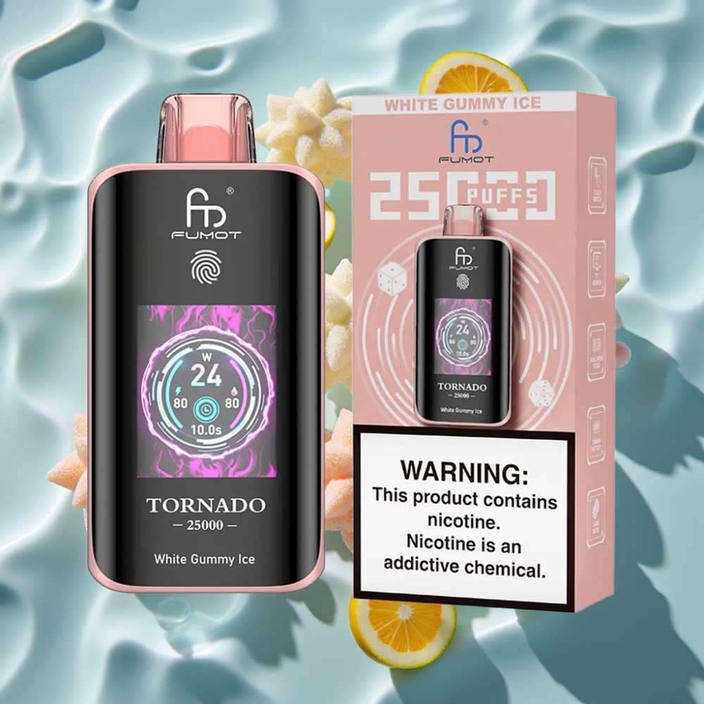 Fumot Tornado 25000 Puffs Rechargeable Disposable Vape with HD Screen & Type-C Charging - White Gummy Ice