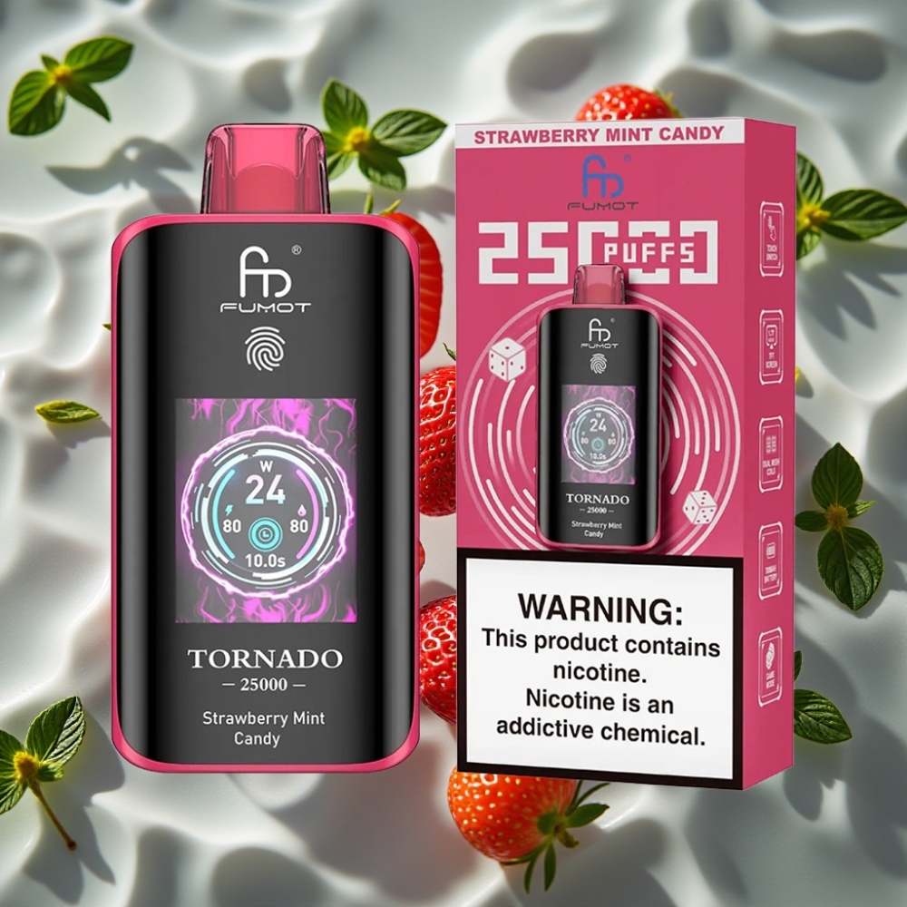 Fumot Tornado 25000 Puffs Strawberry Mint Candy Disposable Vape with HD Screen & Type-C Charging