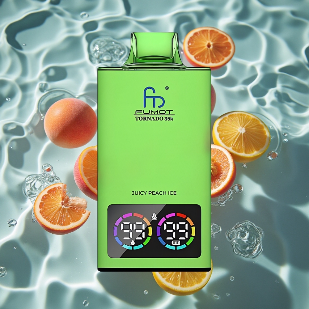 Fumot Tornado 35K Disposable Vape 15ml Juicy Peach Ice Dual Mesh Coil Fast Charging USB-C 35000 Puffs