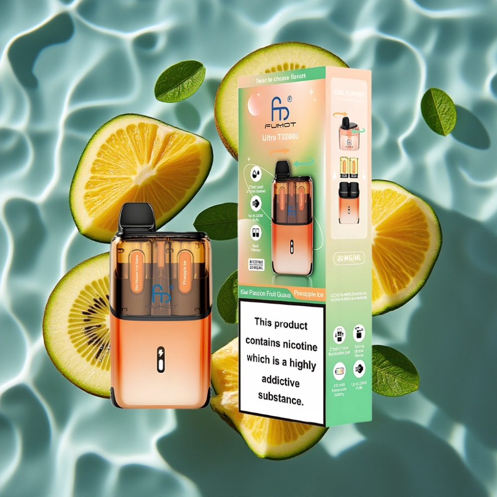Fumot Ultra T32000 Disposable Vape 32000 Puffs Kiwi Passion Fruit Guava Pineapple Ice 24mL 800mAh Type-C Mesh Coil