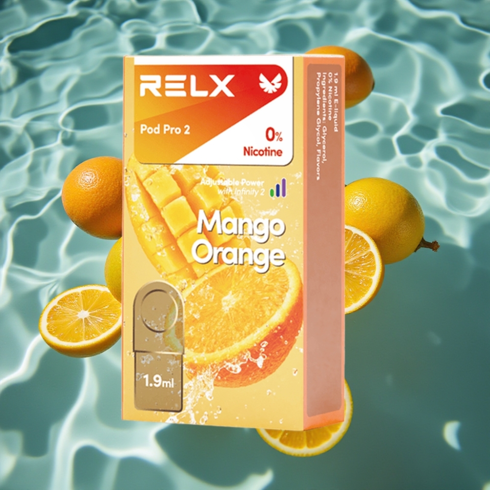 RELX Pod Pro 2 0% Nicotine Mango Orange Vape - 600 Puffs, 1.9ml, 3 Voltage Modes