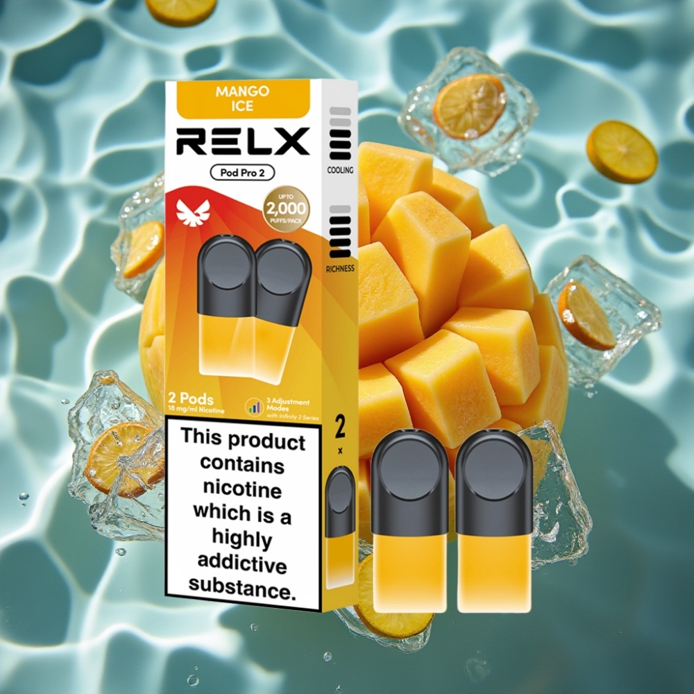 RELX Pod Pro 2 Mango Ice Vape 1.8% Nicotine 600 Puffs 1.9ml Eco/Smooth/Boost Mode 2/3 Pods Pack