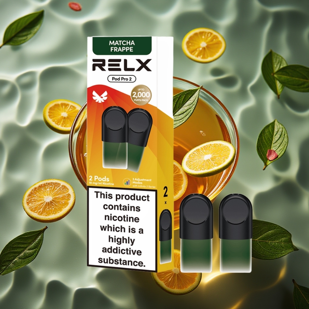 RELX Pod Pro 2 Tea-Matcha Frappe Tea Vape Pod - 1.8% Nicotine, 600 Puffs, 1.9ml, 3 Voltage Modes