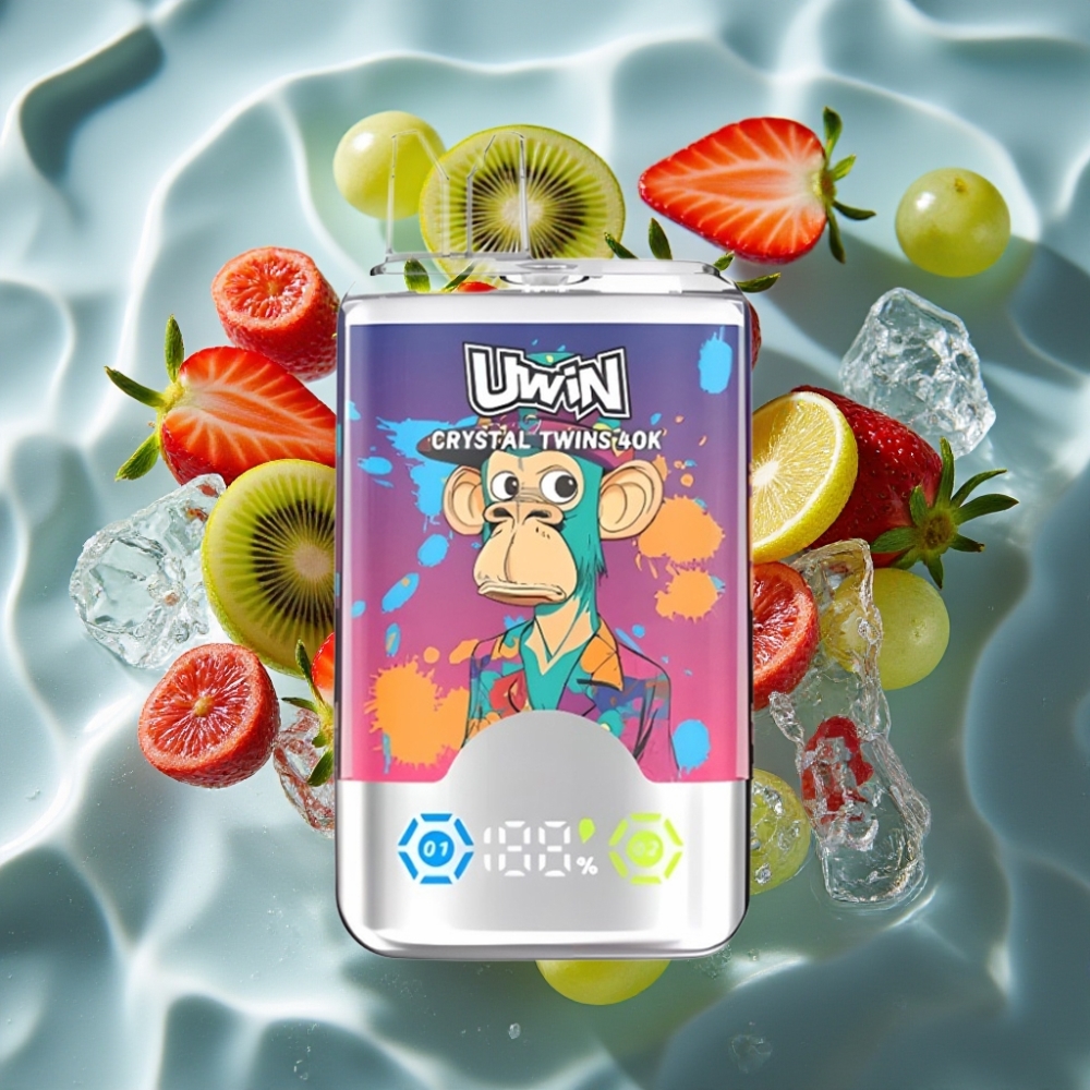 UWIN Crystal Twins 40000 Puffs Dual Flavor Disposable Vape - Strawberry Kiwi Grape Ice, 32ml, 0.6 Ohm Mesh, Type-C