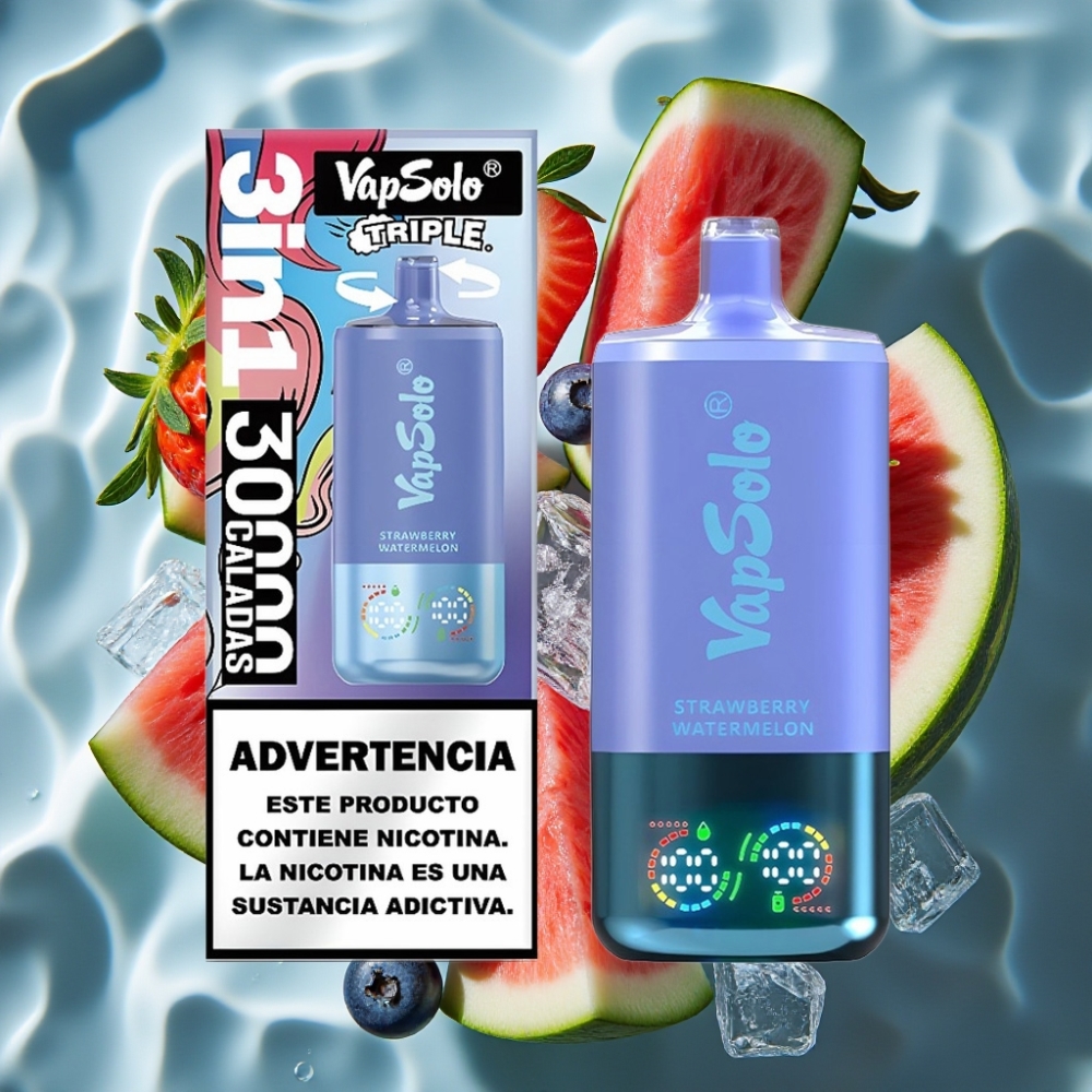 VapSolo Triple 30000 Puffs Disposable Vape - Strawberry Watermelon & Blueberry Ice, 40ml E-Liquid, Type-C Charging, 20mg/50mg Nicotine