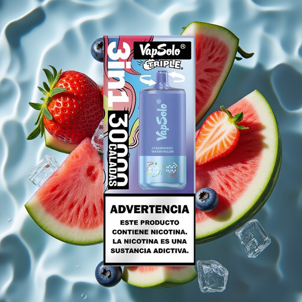 VapSolo Triple 30000 Puffs Disposable Vape - Strawberry Watermelon & Blueberry Ice, 40ml E-Liquid, Type-C Charging, 20mg/50mg Nicotine