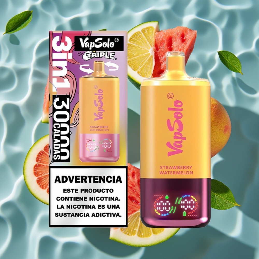 VapSolo Triple 30000 Puffs Disposable Vape – Strawberry Watermelon & Lemon Peach, 40ml E-Liquid, Type-C Charging