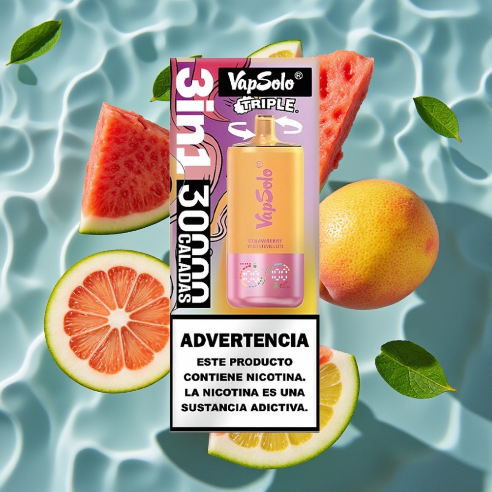 VapSolo Triple 30000 Puffs Disposable Vape – Strawberry Watermelon & Lemon Peach, 40ml E-Liquid, Type-C Charging
