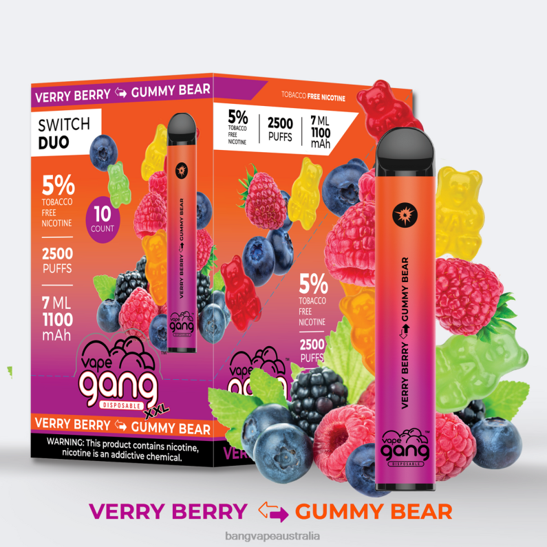 Vape Gang Switch Duo 2 flavors (Box of 10) 6006N48 Very Berry - Gummy Bear - Bang Vape Puffs